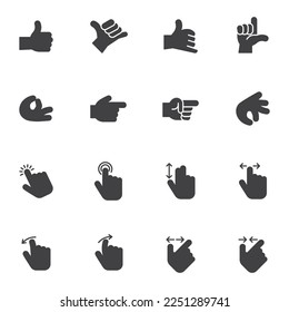 Hand gestures vector icons set, modern solid symbol collection, filled style pictogram pack. Signs, logo illustration. Set includes icons as finger double tap, swipe right and left, thumb up gesture