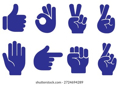Conjunto de iconos vectoriales de gestos de mano. Como, disgusto, amor, paz, señales de rock y olas. Pulgares hacia arriba, corazón, victoria, puño y aplaudir la silueta de las manos. Símbolos de comunicación. 