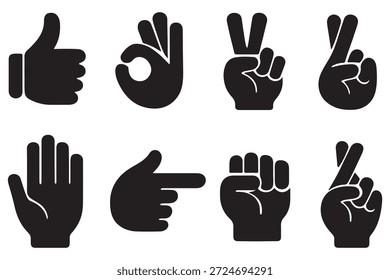 Conjunto de iconos vectoriales de gestos de mano. Como, disgusto, amor, paz, señales de rock y olas. Pulgares hacia arriba, corazón, victoria, puño y aplaudir la silueta de las manos. Símbolos de comunicación. 