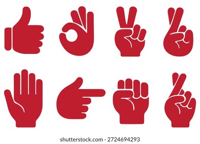 Ícones de vetor de gestos de mão definidos. Tipo, aversão, amor, paz, sinais de rock e ondas. Polegar para cima, coração, vitória, punho e palmas mãos silhueta. Símbolos de comunicação 