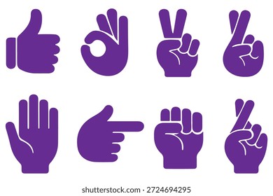 Conjunto de iconos vectoriales de gestos de mano. Como, disgusto, amor, paz, señales de rock y olas. Pulgares hacia arriba, corazón, victoria, puño y aplaudir la silueta de las manos. Símbolos de comunicación. 