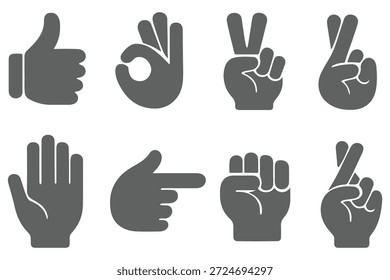 Conjunto de iconos vectoriales de gestos de mano. Como, disgusto, amor, paz, señales de rock y olas. Pulgares hacia arriba, corazón, victoria, puño y aplaudir la silueta de las manos. Símbolos de comunicación. 