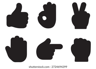 Conjunto de iconos vectoriales de gestos de mano. Como, disgusto, amor, paz, señales de rock y olas. Pulgares hacia arriba, corazón, victoria, puño y aplaudir la silueta de las manos. Símbolos de comunicación. 