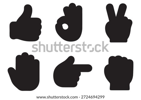 Hand gestures vector icons set. Like, dislike, love, peace, rock and wave signs. Thumbs up, heart, victory, fist and clap hands silhouette. Communication symbols. 