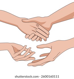 Hand gestures vector illustration featuring a handshake and open hands. agreement, partnership, communication, teamwork, relationships, and human interaction in business and social