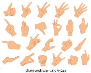 Hand gestures. Vector illustration set, counting fingers. Gesture palm, pointing hand, communication language, pose and gesturing