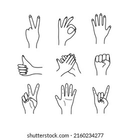 Gestos manuales, conjunto de ilustraciones vectoriales de iconos de varias líneas delgadas de signos manuales,