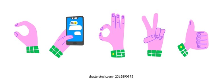 Gestos manuales. Conjunto de ilustraciones vectoriales. Teléfono en la mano, gestos de dedo