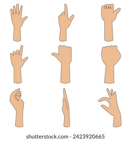 Hand gestures. Vector illustration set, counting fingers. Gesture palm, pointing hand, communication language, pose and gesturing. Vector illustration. Eps file 205.