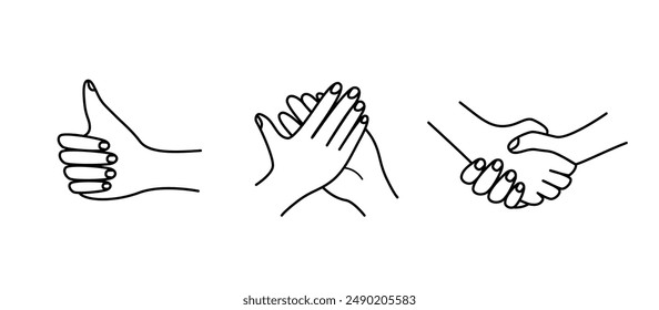 Hand gestures, vector illustration set of icons of various hand signs thin lines