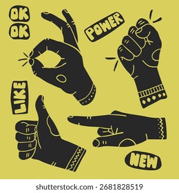 Gestos de la mano conjunto de Ilustración vectorial con ok, como, poder, y nuevos signos