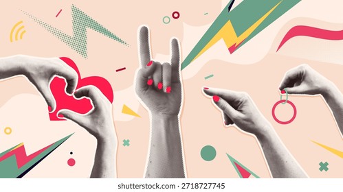 Hand gestures vector illustration set. Diverse hands making gestures heart, rock sign, pointing, ring in dynamic memphis pop art style. Concepts love, music, proposal, communication, party and emotion