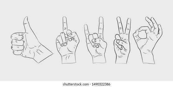 Hand gestures. Vector illustration with various gestures. Ok, rock, peace, like.
