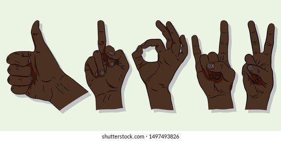 Hand gestures. Vector illustration with various gestures. Ok, rock, peace, like.