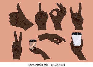 Hand gestures. Vector illustration with various gestures. Ok, rock, peace, like.
