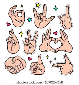 Hand gestures - vector isolated stickers set on white background in cute retro style. Different signs of appreciation, love, cool, ok, handshake, fingers crossed. Perfect for mobile apps