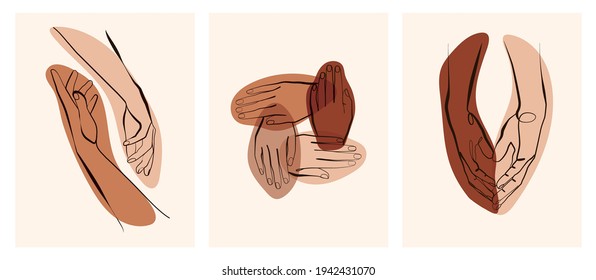 hand gestures vector set. yin yang sign, infinity minimalistic line art. Help symbol, partnership assistance support, love union, protection of society. Different skin colours. Solidarity group 