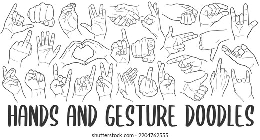 Hand Gesturing Doodle Banner Icon. Gesture Vector Illustration Hand Drawn Art. Line Symbols Sketch Background.