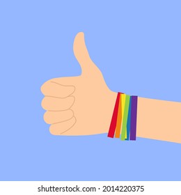 Gestos de mano como con el dedo gordo levantado con brazaletes LGBTQ de color arco iris sobre ilustración vectorial aislada de fondo azul. Símbolo de la comunidad LGBTQ, concepto. Orgullo gay. LGBT, movimiento de amor