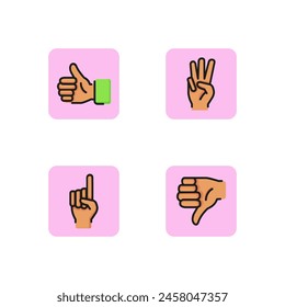 Hand gesturing line icon set. Thumbs up, down, one and three fingers. Gesture concept. Can be used for topics like deaf language, communication. Vector illustration for web design and app