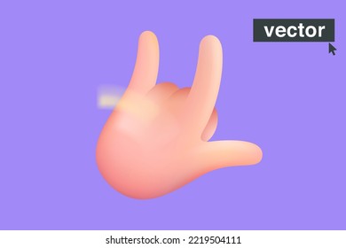 Hand gesturing sign of love and rock emoji. Realistic vector 3D illustration in cartoon style. Perfect for social media banners, UI template, rock and roll app design, music advertising.