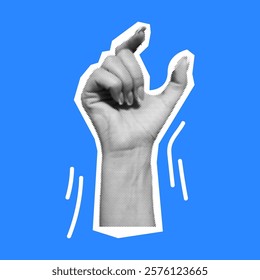 Hand gesturing small amount halftone vector illustration. Modern art concept of minimalism and precision measurement on blue background