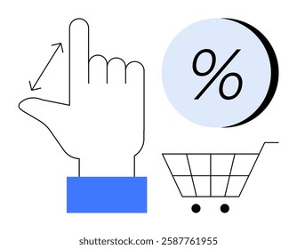 Hand gesturing swipe motion, shopping cart outline, and circle with percentage symbol. Ideal for ecommerce, digital shopping, online sales, discount offers, mobile app navigation, user interface