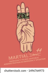 Hand gesturing a three finger.Concept for a liberation demand from military dictatorship after the coup and human rights freedom to demand democracy of the people and politics in Thailand