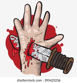 hand get stabbed by knife and blood
