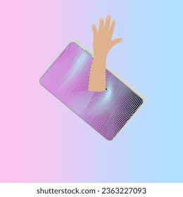 hand gets out of smartphone. Vector illustration