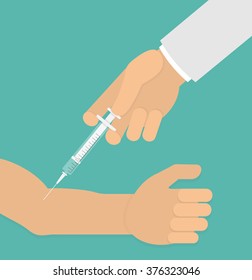 Hand getting injection or vaccination with a hypodermic syringe concept. Flat style