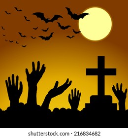 Hand ghosts rising from the grave on Halloween.