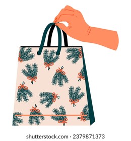 Hand with gift bag. Holding holiday package, festive paper bag decorating of spruce branches. Christmas surprise. Vector illustration