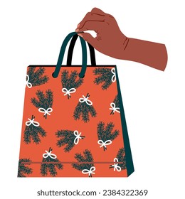 Hand with gift bag. Holding holiday package, festive paper bag decorating of spruce branches. Christmas surprise. Vector illustration