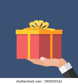 Hand with Gift Box Flat Design. Present, Gift, Сoupon Concept. Vector Illustration