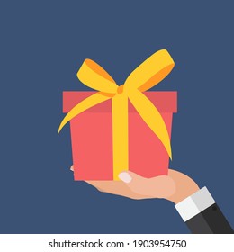 Hand with Gift Box Flat Design. Present, Gift, Сoupon Concept. Vector Illustration
