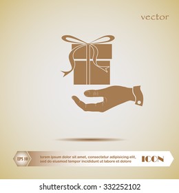 hand and gift, box, flat, vector,