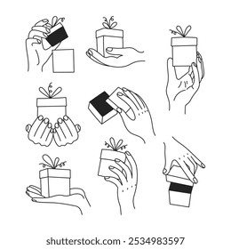 Mão com Conjunto de Linhas de Caixa de Presente. Coleção de gestos com presentes de aniversário e Natal. Dedos abrindo e segurando poses. Ilustração de Vetor Doodle