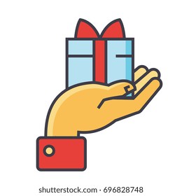 Hand with gift, charity concept. Line vector icon. Editable stroke. Flat linear illustration isolated on white background