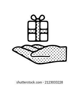 Icono de doodle de mano y regalo aislado en fondo blanco