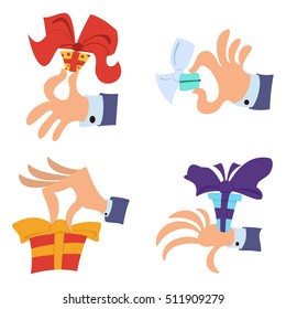 Hand gift giving box set. Vector cartoon illustration isolated on a white background. Flat style icon.