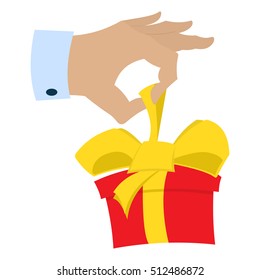Hand gift giving red box with bow. Vector illustration isolated on a white background. Flat style icon.