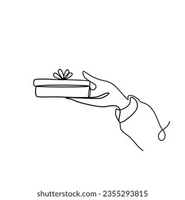 Hand with gift. Holding box with bow. Offering present in for holiday. Vector illustration in line art, outline