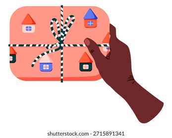Mano con regalo. Sosteniendo caja de regalo, paquete de vacaciones en papel de embalaje festivo, atado con cinta, lazo. Las Navidades sorprenden. Ilustración vectorial