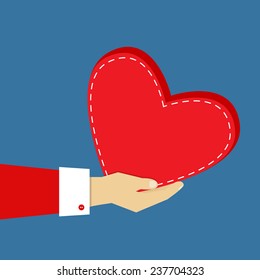 Hand with gift shaped as heart, flat design, vector eps10 illustration