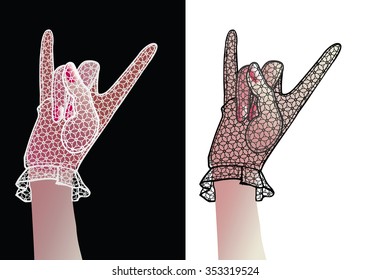 Hand girl with a raised index finger and pinky fingers on white and black background