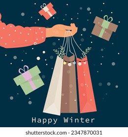 The hand of a girl in a red shirt, holds New Year's gifts from the sale with decor elements, Christmas trees, garlands, on the eve of Christmas, the new year. Vector illustration EPS10