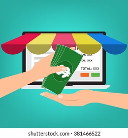 Hand give banknote money for shopping online.Vector illustration Omnichannel online marketing concept.