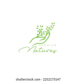 hand give benefit to plant trees nature leaves logo design vector icon illustration template