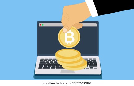 Hand give bitcoin money to laptop computer. 